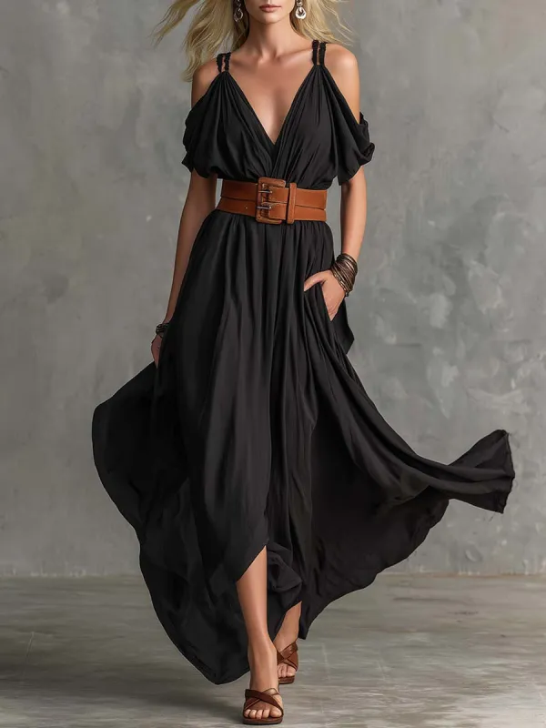 Casual Vacation Strappy V-Neck Black Cotton Slit Maxi Dress made by Oyrosy