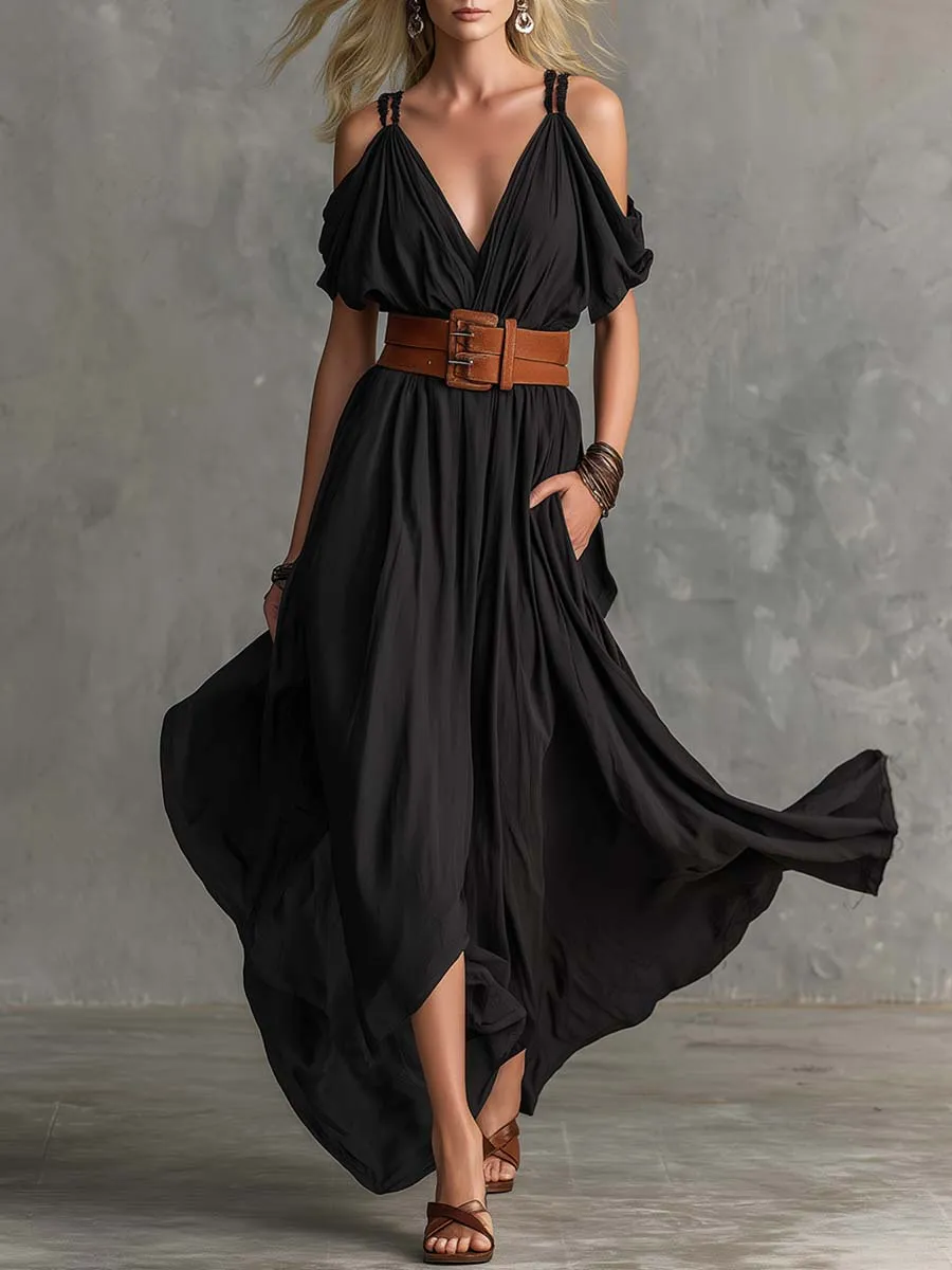 Casual Vacation Strappy V-Neck Black Cotton Slit Maxi Dress sold by Oyrosy