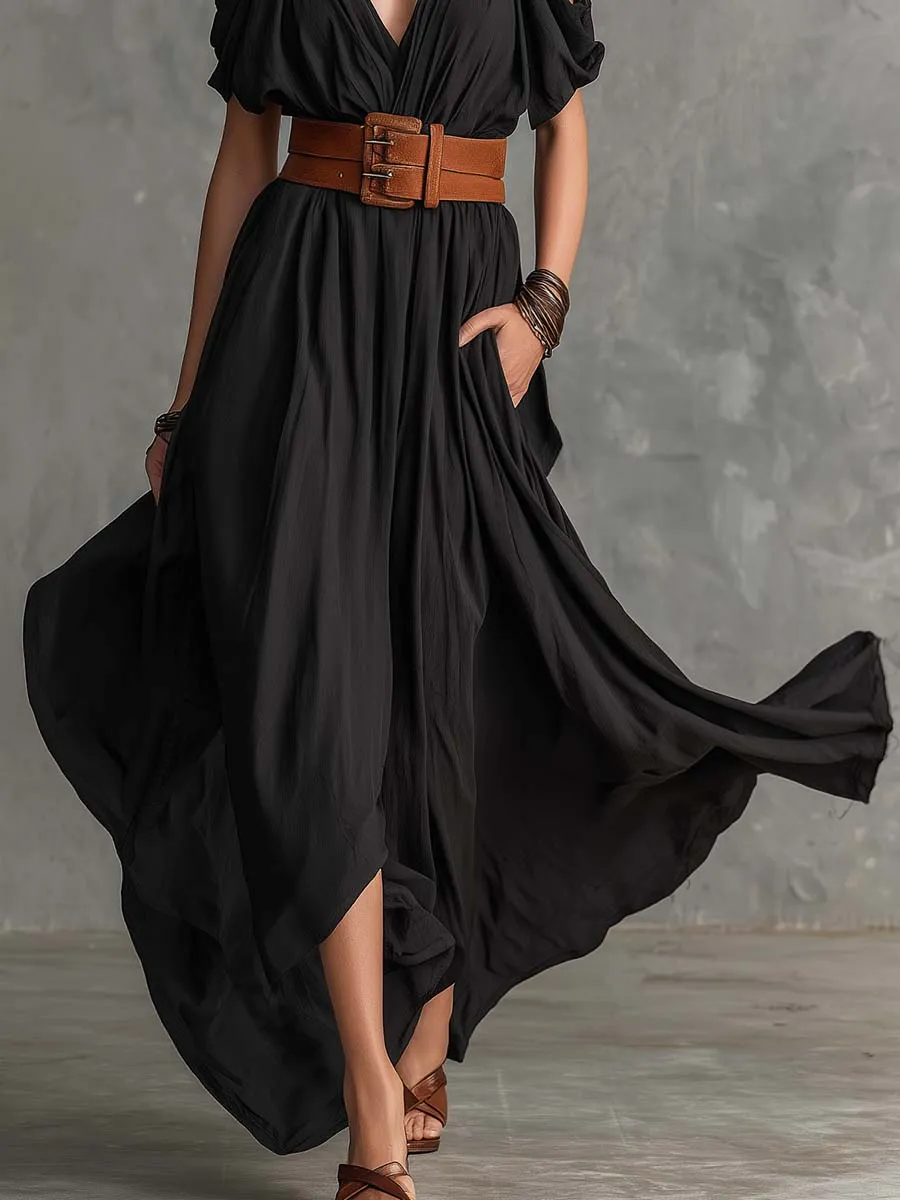 Casual Vacation Strappy V-Neck Black Cotton Slit Maxi Dress sold by Oyrosy product image thumbnail 4