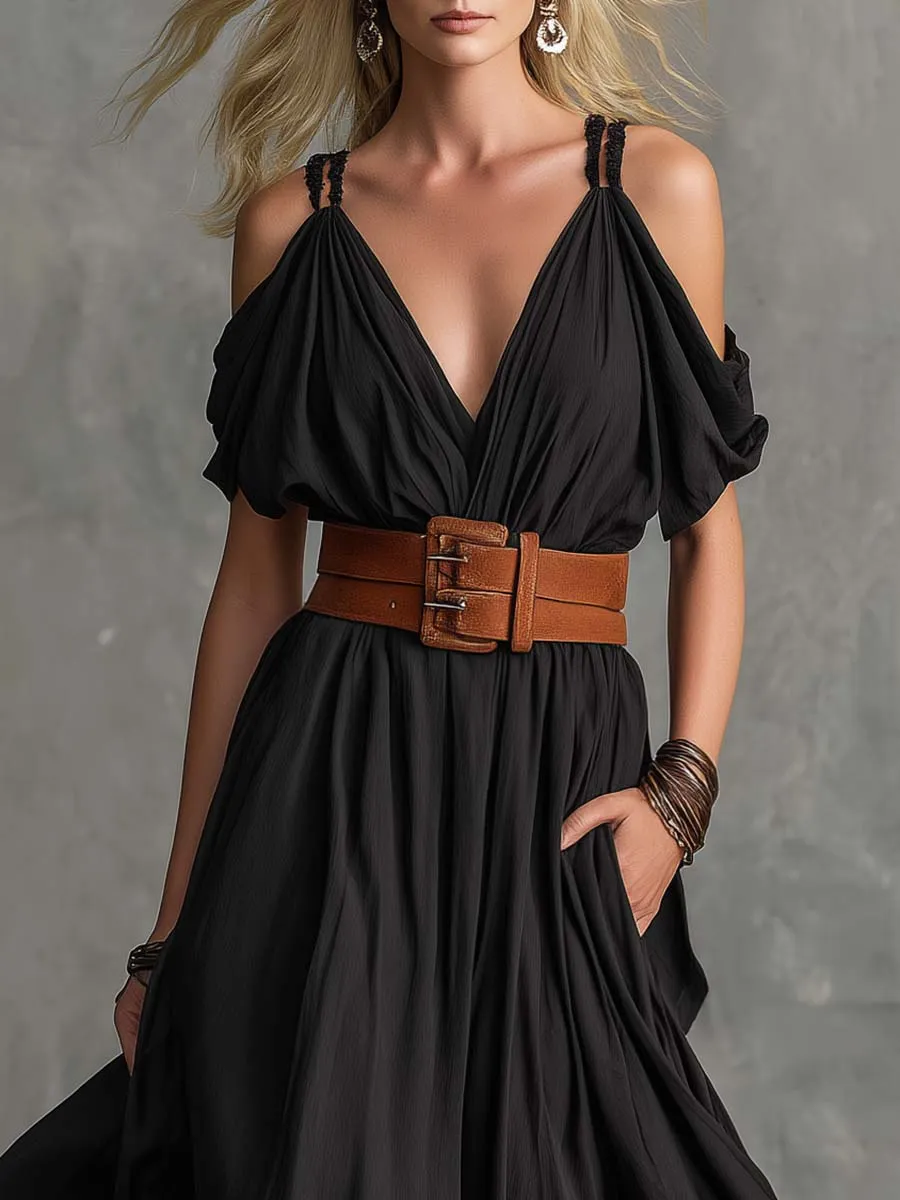 Casual Vacation Strappy V-Neck Black Cotton Slit Maxi Dress sold by Oyrosy product image thumbnail 3