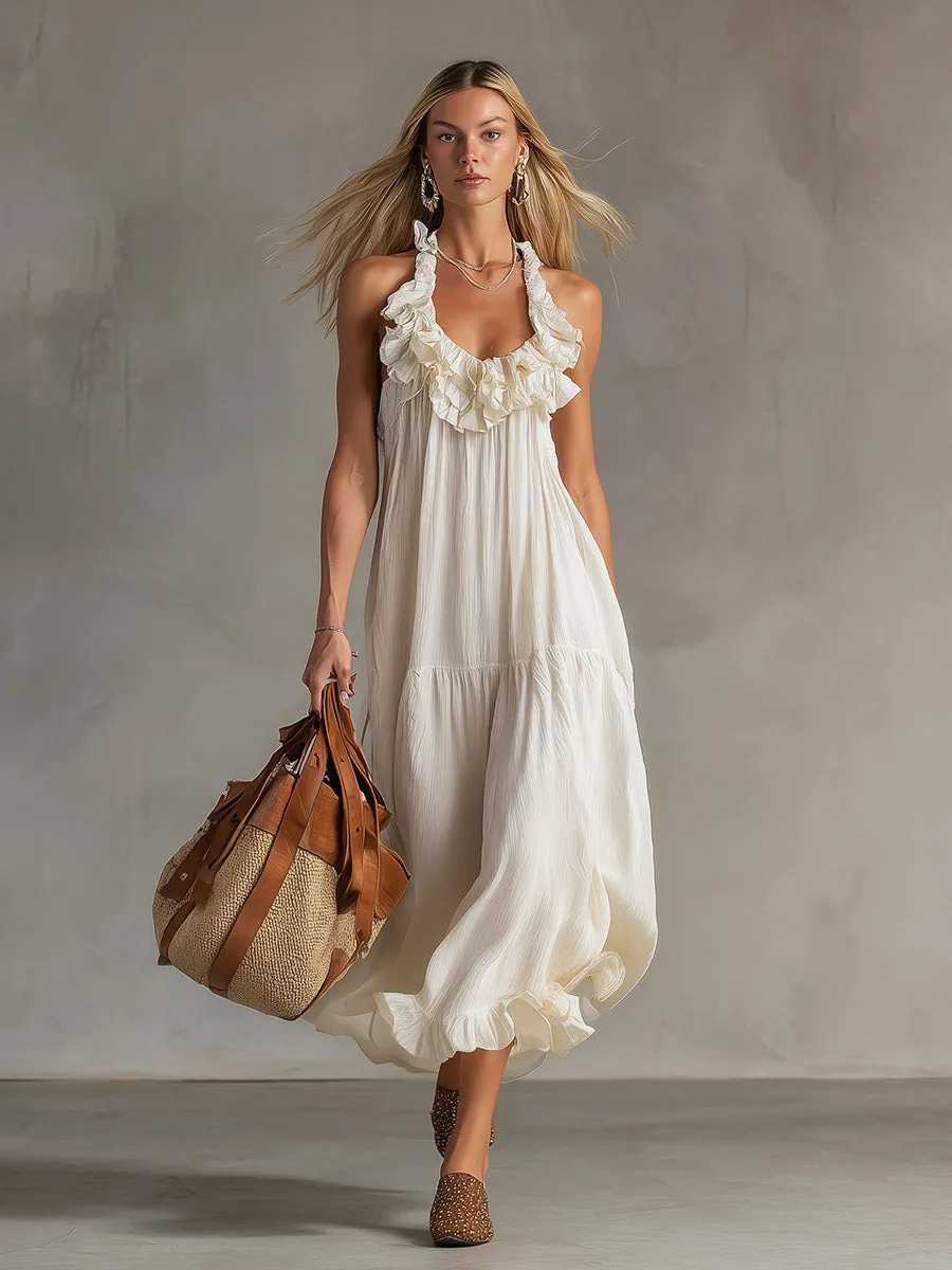 Classic Bohemian Off-White Ruffled Textured Chiffon Sleeveless Maxi Dress sold by Oyrosy product image thumbnail 2