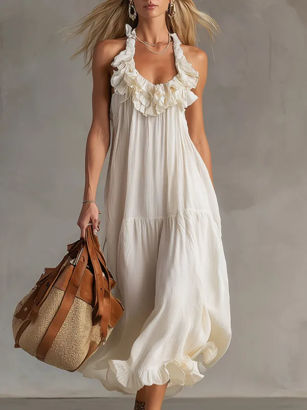 Classic Bohemian Off-White Ruffled Textured Chiffon Sleeveless Maxi Dress made by Oyrosy