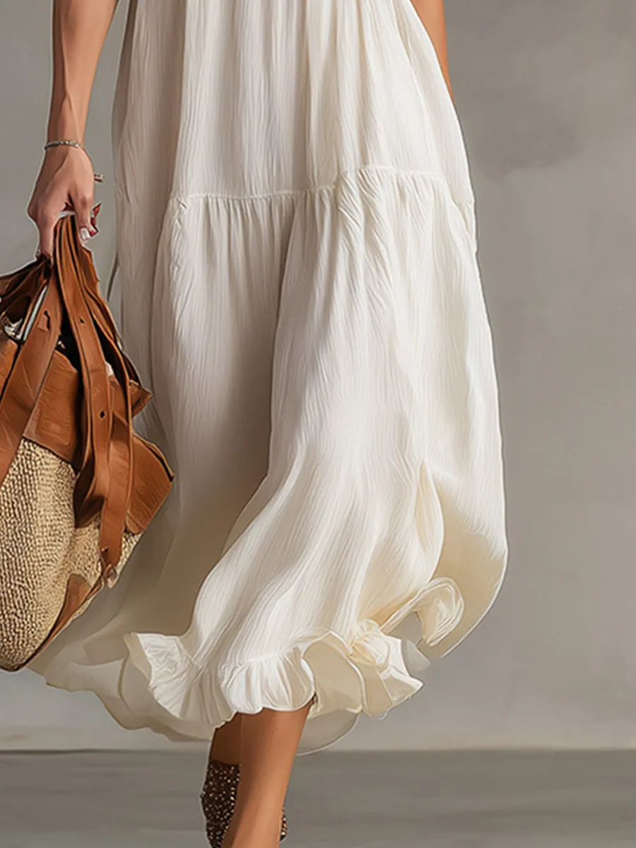 Classic Bohemian Off-White Ruffled Textured Chiffon Sleeveless Maxi Dress sold by Oyrosy product image thumbnail 4