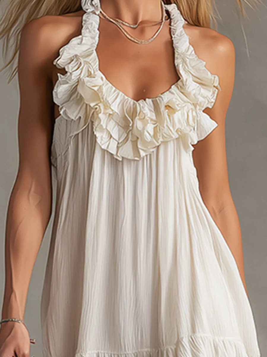 Classic Bohemian Off-White Ruffled Textured Chiffon Sleeveless Maxi Dress sold by Oyrosy product image thumbnail 3