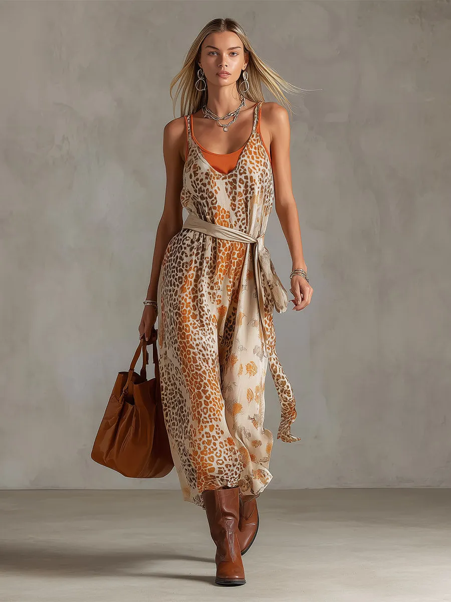 Retro-Chic Orange Tank Top And Animal-Print Chiffon Sleeveless Maxi Dress Set sold by Oyrosy product image thumbnail 2