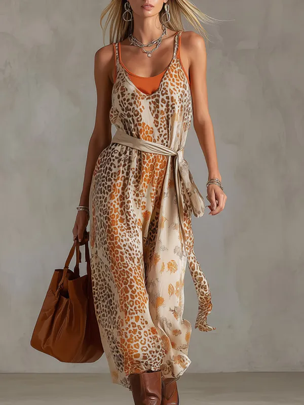Retro-Chic Orange Tank Top And Animal-Print Chiffon Sleeveless Maxi Dress Set made by Oyrosy