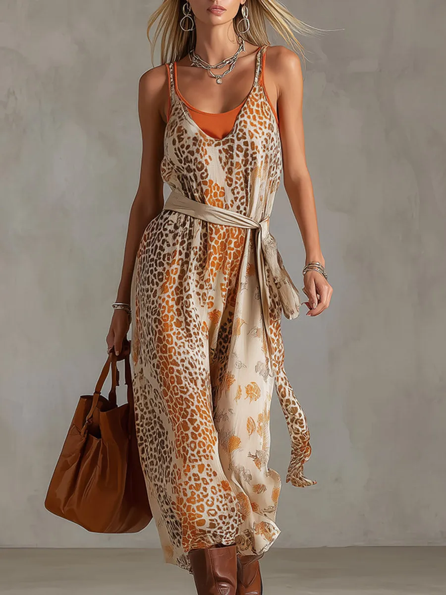 Retro-Chic Orange Tank Top And Animal-Print Chiffon Sleeveless Maxi Dress Set sold by Oyrosy