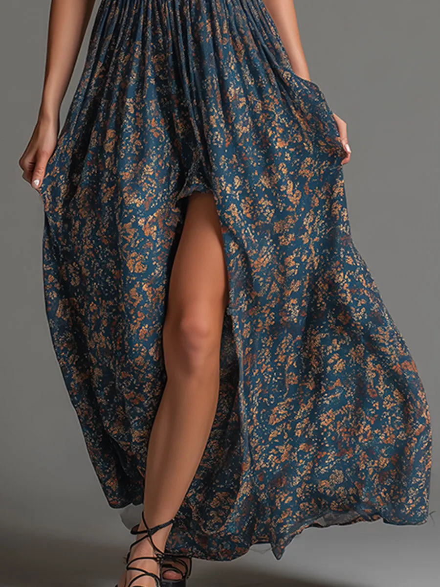 Retro Bohemian Teal Floral Printed Chiffon Sleeveless Maxi Dress sold by Oyrosy product image thumbnail 4