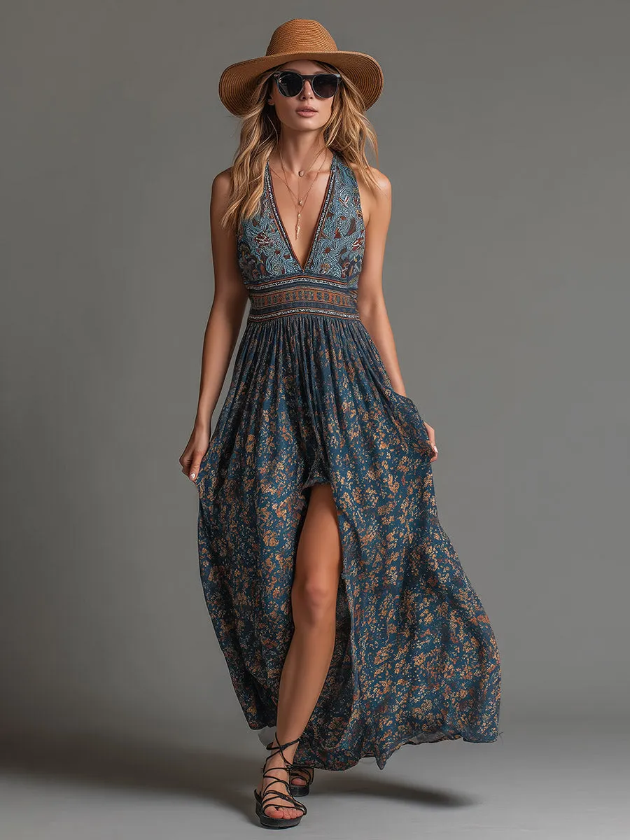 Retro Bohemian Teal Floral Printed Chiffon Sleeveless Maxi Dress sold by Oyrosy product image thumbnail 2