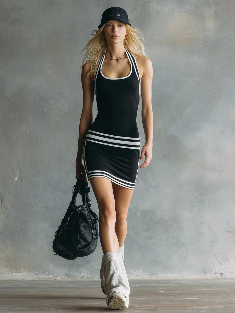 Retro-Chic Athletic Striped Trim Black Stretch Cotton Sleeveless Mini Dress sold by Oyrosy product image thumbnail 2