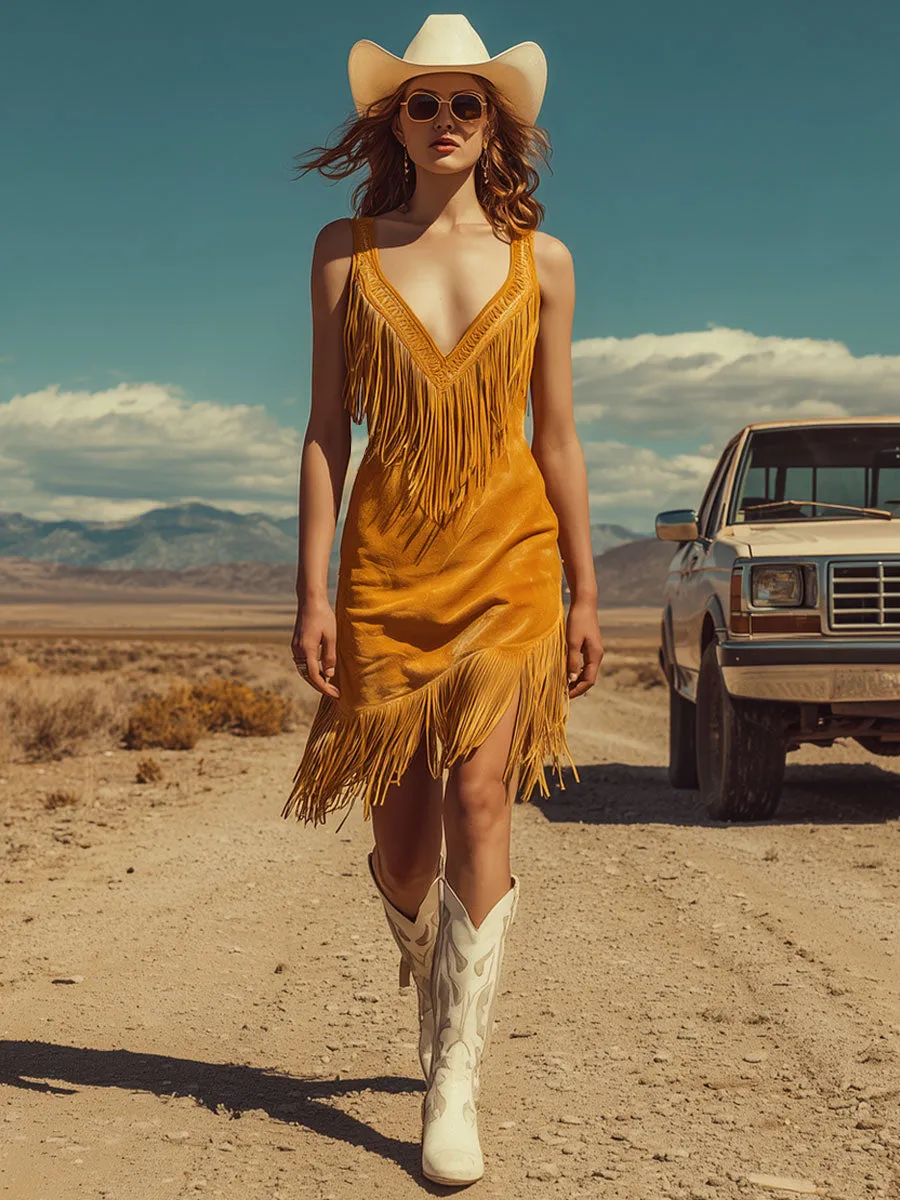 Western Retro Tassel Yellow Faux Suede Sleeveless Mini Dress sold by Oyrosy product image thumbnail 2
