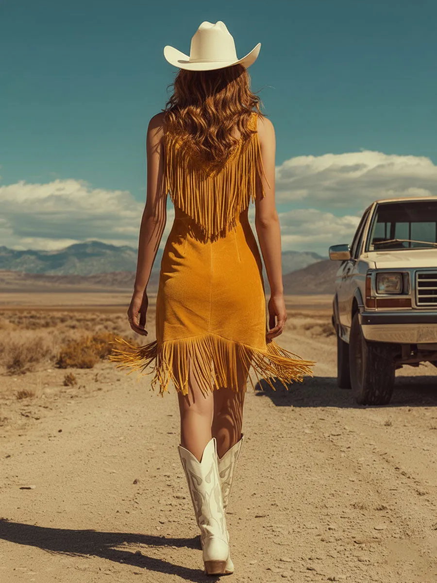 Western Retro Tassel Yellow Faux Suede Sleeveless Mini Dress sold by Oyrosy product image thumbnail 3