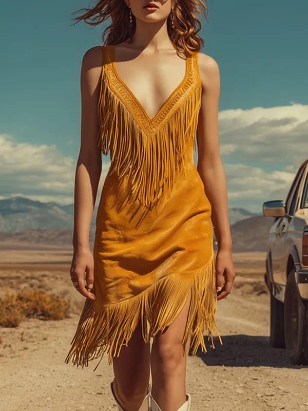 Western Retro Tassel Yellow Faux Suede Sleeveless Mini Dress made by Oyrosy