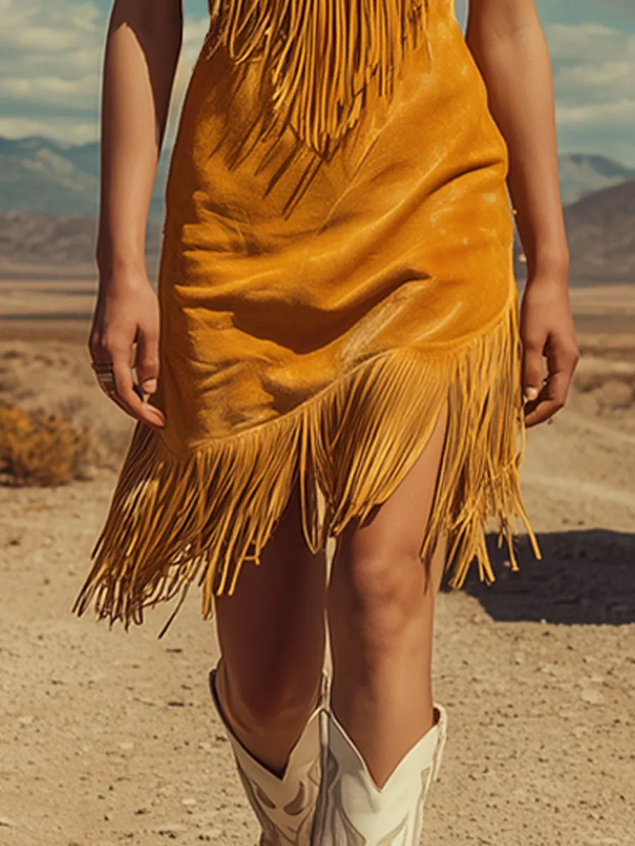 Western Retro Tassel Yellow Faux Suede Sleeveless Mini Dress sold by Oyrosy product image thumbnail 5