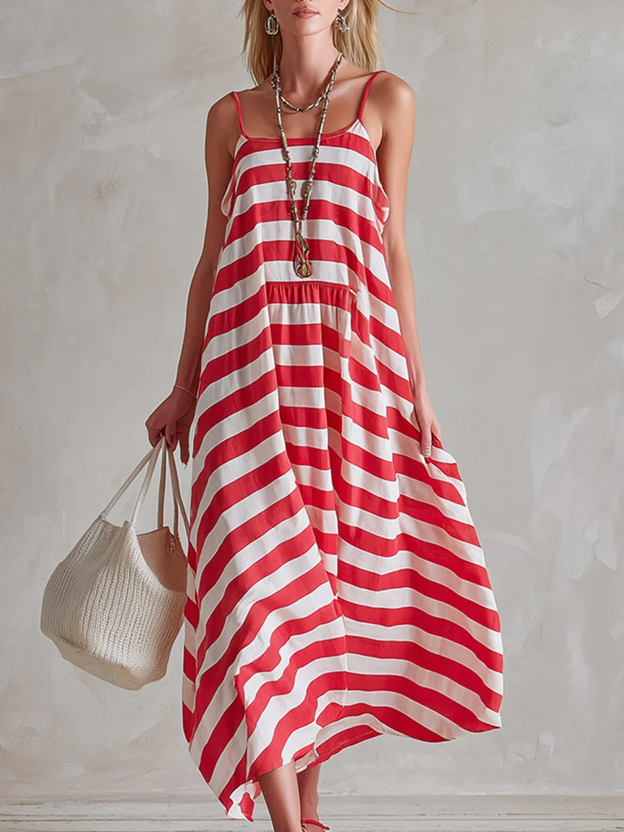 Chic & Casual Red-Striped Spaghetti-Strap Sleeveless Maxi Dress sold by Oyrosy