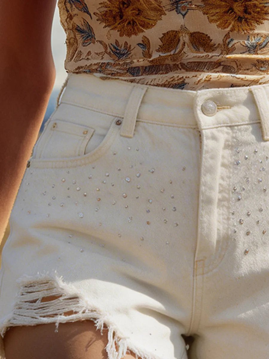 Stylish Rhinestone-Embellished White Distressed Denim Shorts sold by Oyrosy product image thumbnail 3