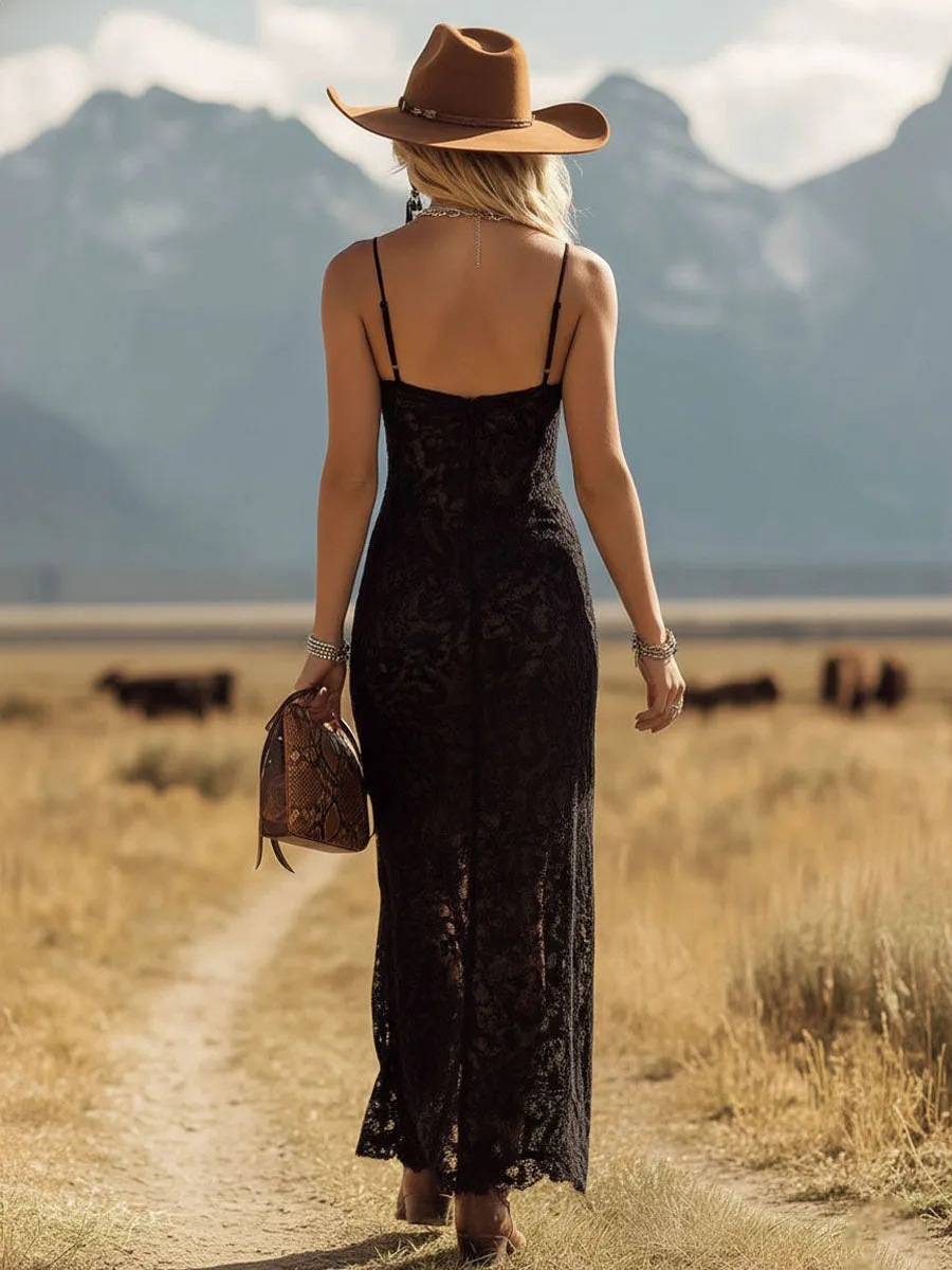 Retro V-neck Lace Sleeveless Maxi Dress sold by Oyrosy product image thumbnail 3