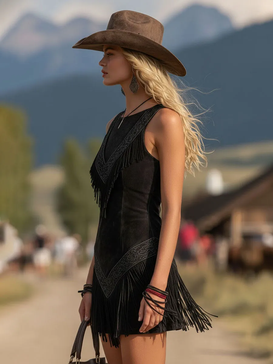 Retro V-neck Fringed Suede Sleeveless Mini Dress sold by Oyrosy product image thumbnail 2