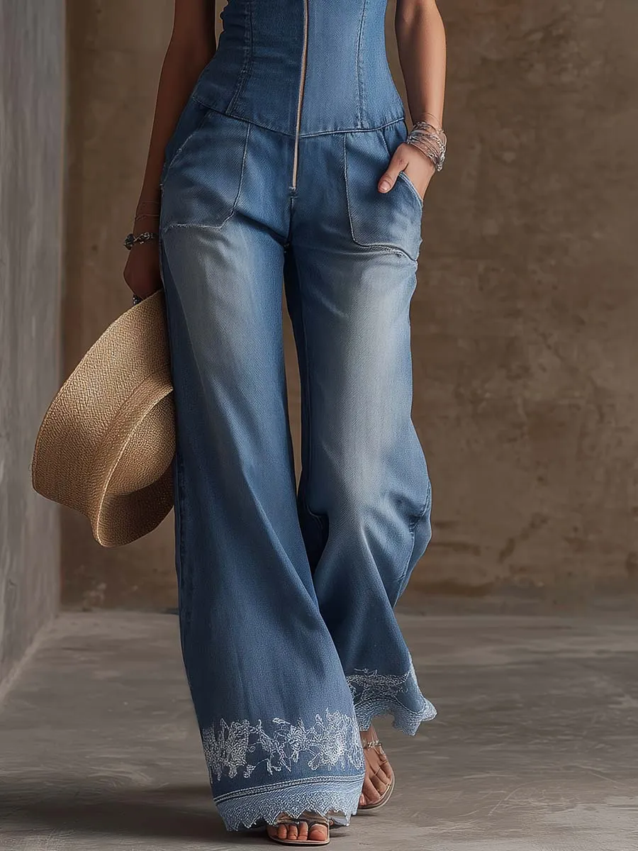 Vintage Western Lace Trim V-Neck Front Zipper Blue Denim Jumpsuit sold by Oyrosy product image thumbnail 4