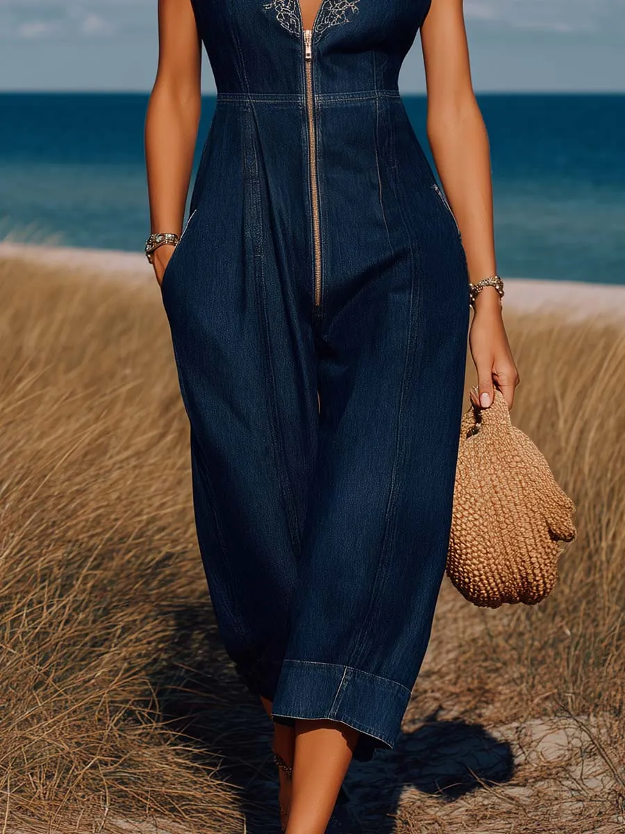 Retro Casual Western V-Neck Front-Zip Embroidered Dark Blue Denim Jumpsuit sold by Oyrosy product image thumbnail 4