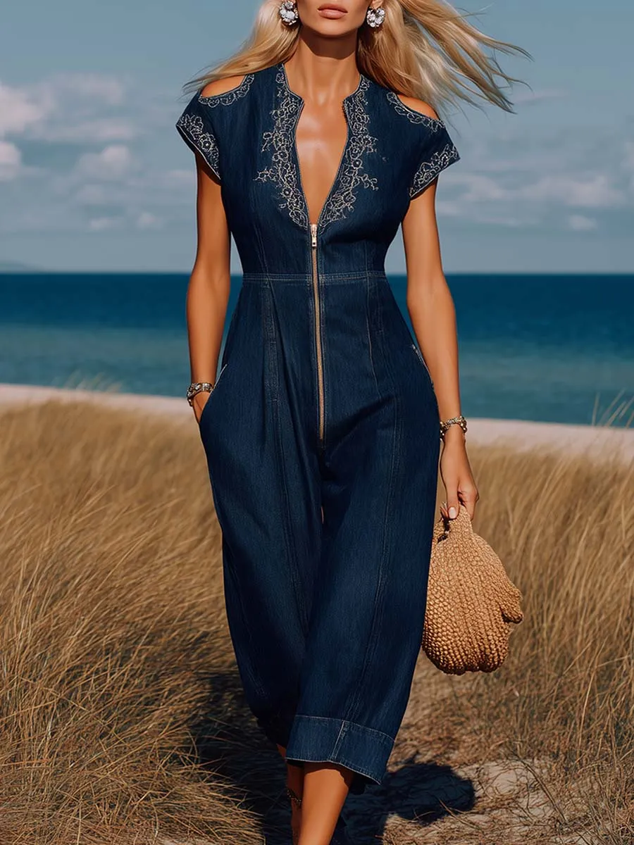 Retro Casual Western V-Neck Front-Zip Embroidered Dark Blue Denim Jumpsuit sold by Oyrosy