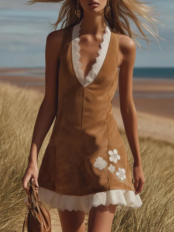 Vintage Western Lace-Trimmed V-Neck Embroidered Light Brown Faux Suede Mini Dress made by Oyrosy