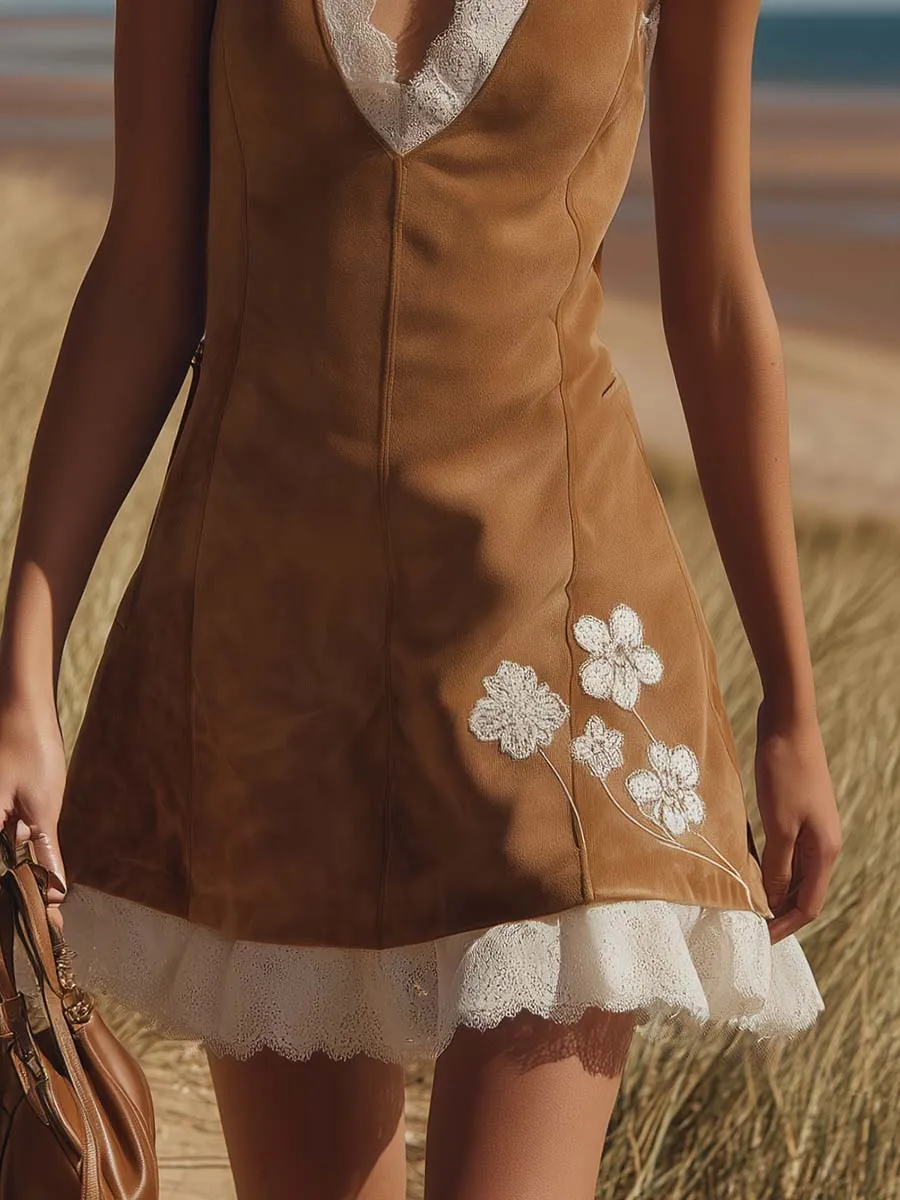 Vintage Western Lace-Trimmed V-Neck Embroidered Light Brown Faux Suede Mini Dress sold by Oyrosy product image thumbnail 4