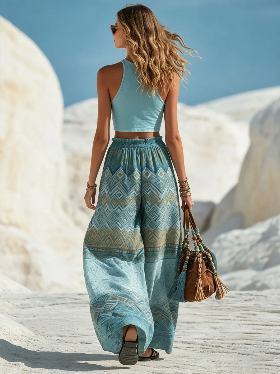 Casual Retro Vest With Ethnic Geometric Print Lake Blue Chiffon Pants Set sold by Oyrosy product image thumbnail 4