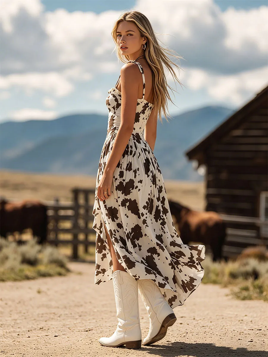 Western Retro Cow Print White Sleeveless Ruffled Square Neck Chiffon Midi Dress sold by Oyrosy product image thumbnail 3