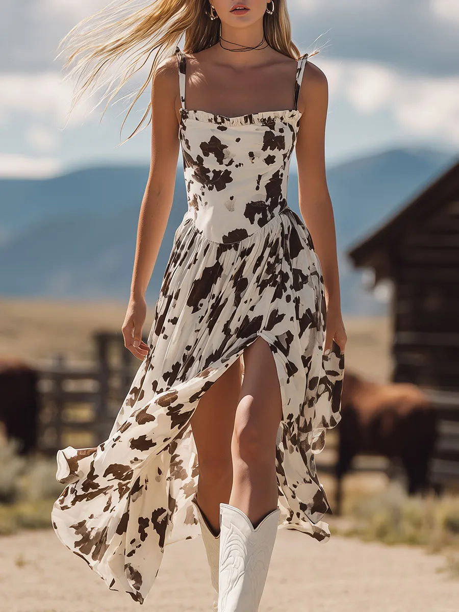 Western Retro Cow Print White Sleeveless Ruffled Square Neck Chiffon Midi Dress sold by Oyrosy