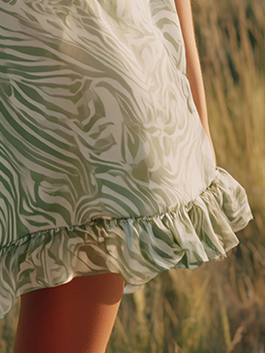 Western Retro Ruffled Green Zebra Print V-neck Spaghetti Strap Chiffon Mini Dress sold by Oyrosy product image thumbnail 5