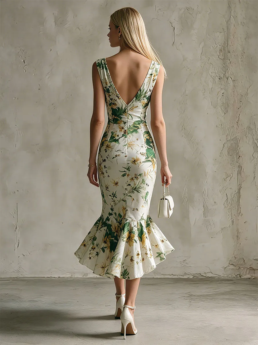 Fashionable Retro Green Printed White Sleeveless V-neck Ruffled Chiffon Midi Dress sold by Oyrosy product image thumbnail 4