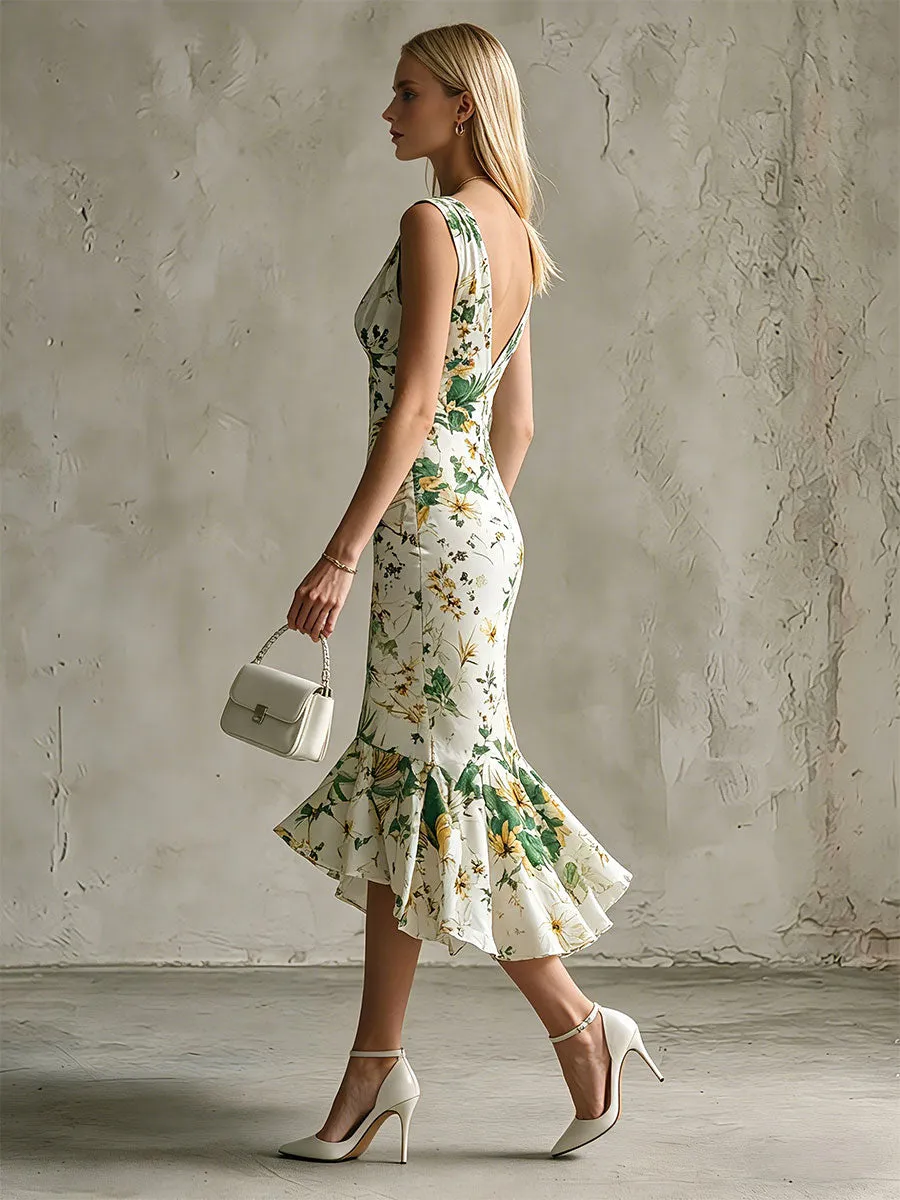 Fashionable Retro Green Printed White Sleeveless V-neck Ruffled Chiffon Midi Dress sold by Oyrosy product image thumbnail 2