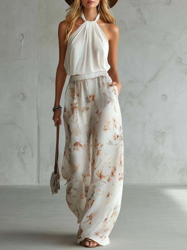 Halter-neck Sleeveless Top And Printed Chiffon Trousers Set made by Oyrosy