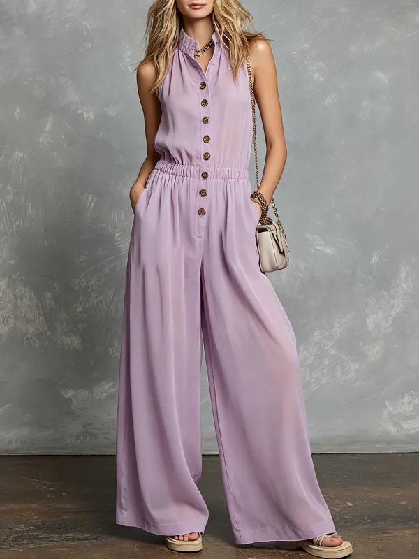 Casual Retro Stand-Collar Button-Front Solid-Color Sleeveless Chiffon Jumpsuit made by Oyrosy
