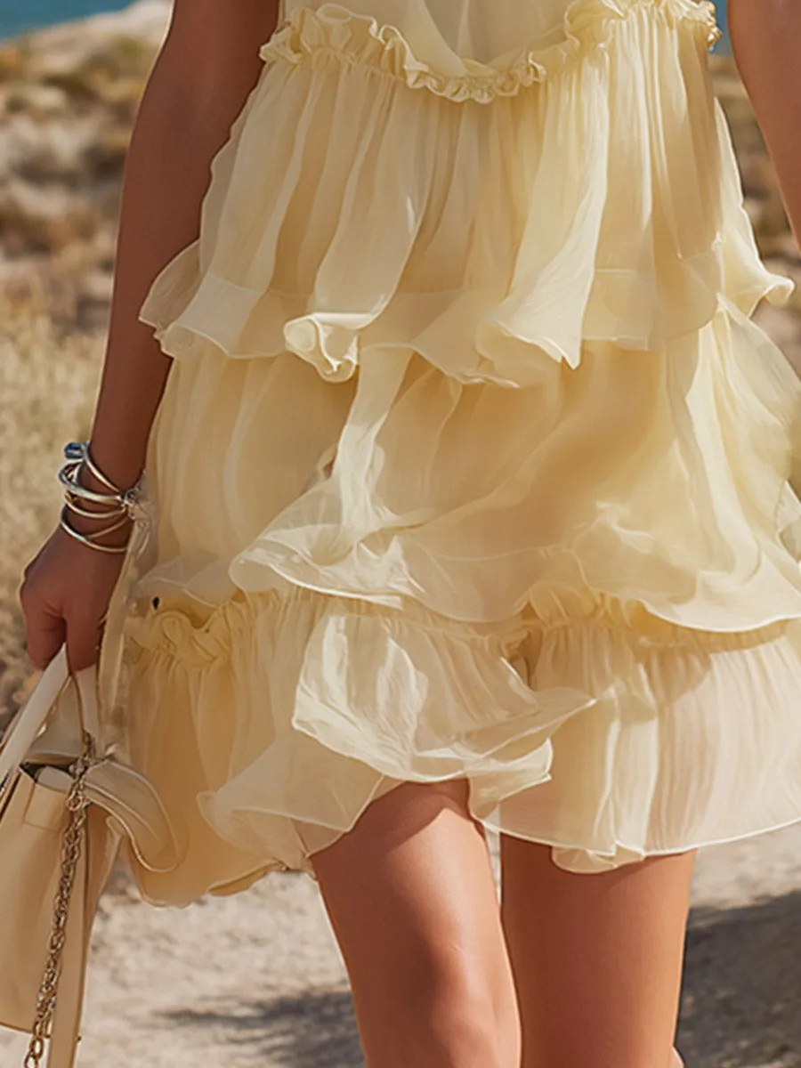 Retro Romantic Light Yellow Chiffon Layered Mini Dress sold by Oyrosy product image thumbnail 4