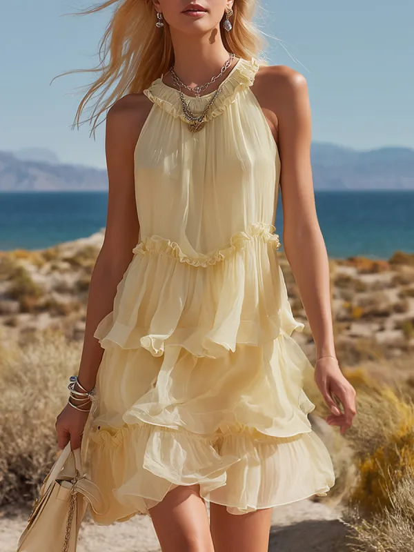 Retro Romantic Light Yellow Chiffon Layered Mini Dress made by Oyrosy