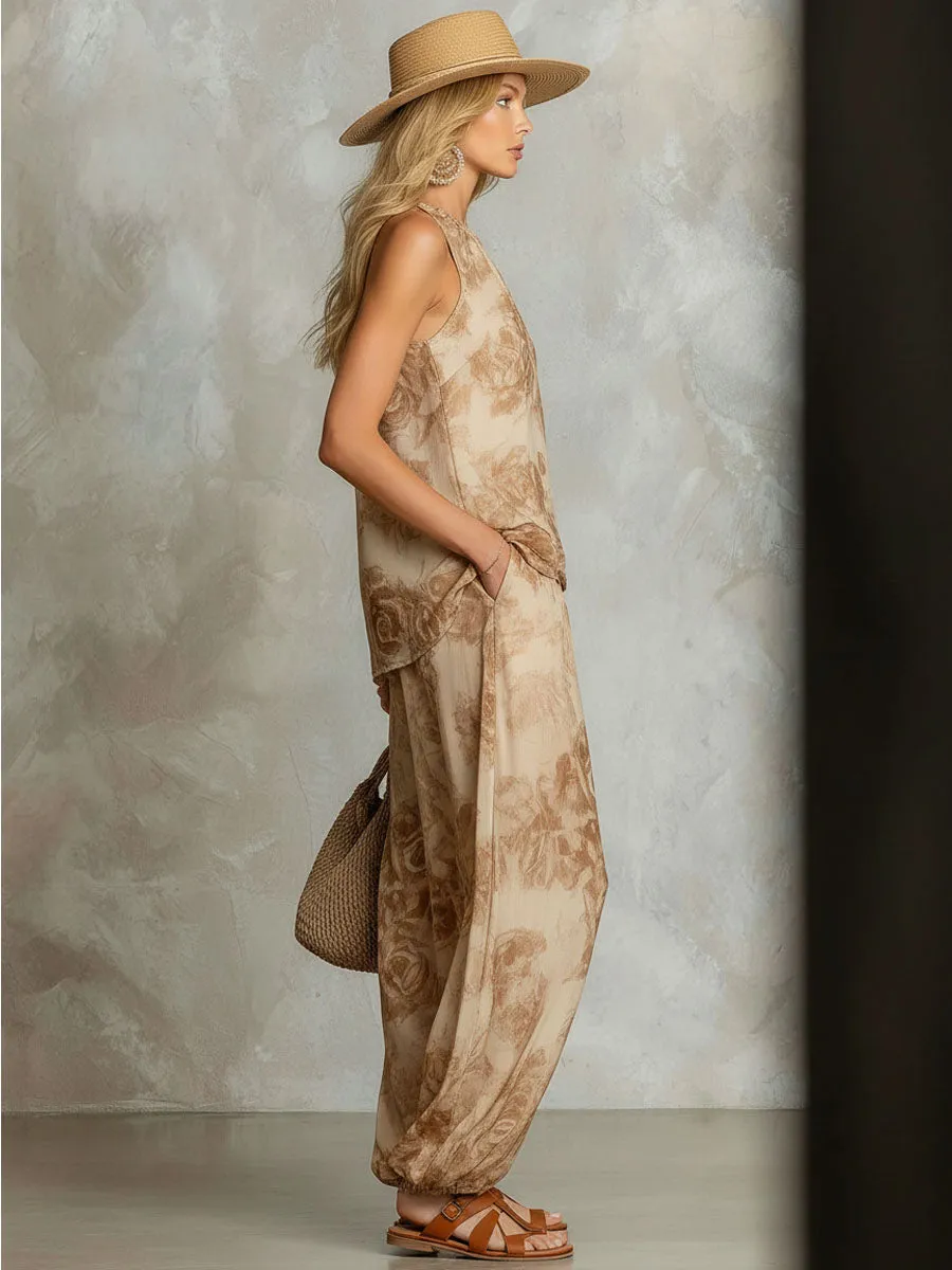 Retro Floral Print Round Neck Sleeveless Chiffon Top And Pants Set sold by Oyrosy product image thumbnail 2
