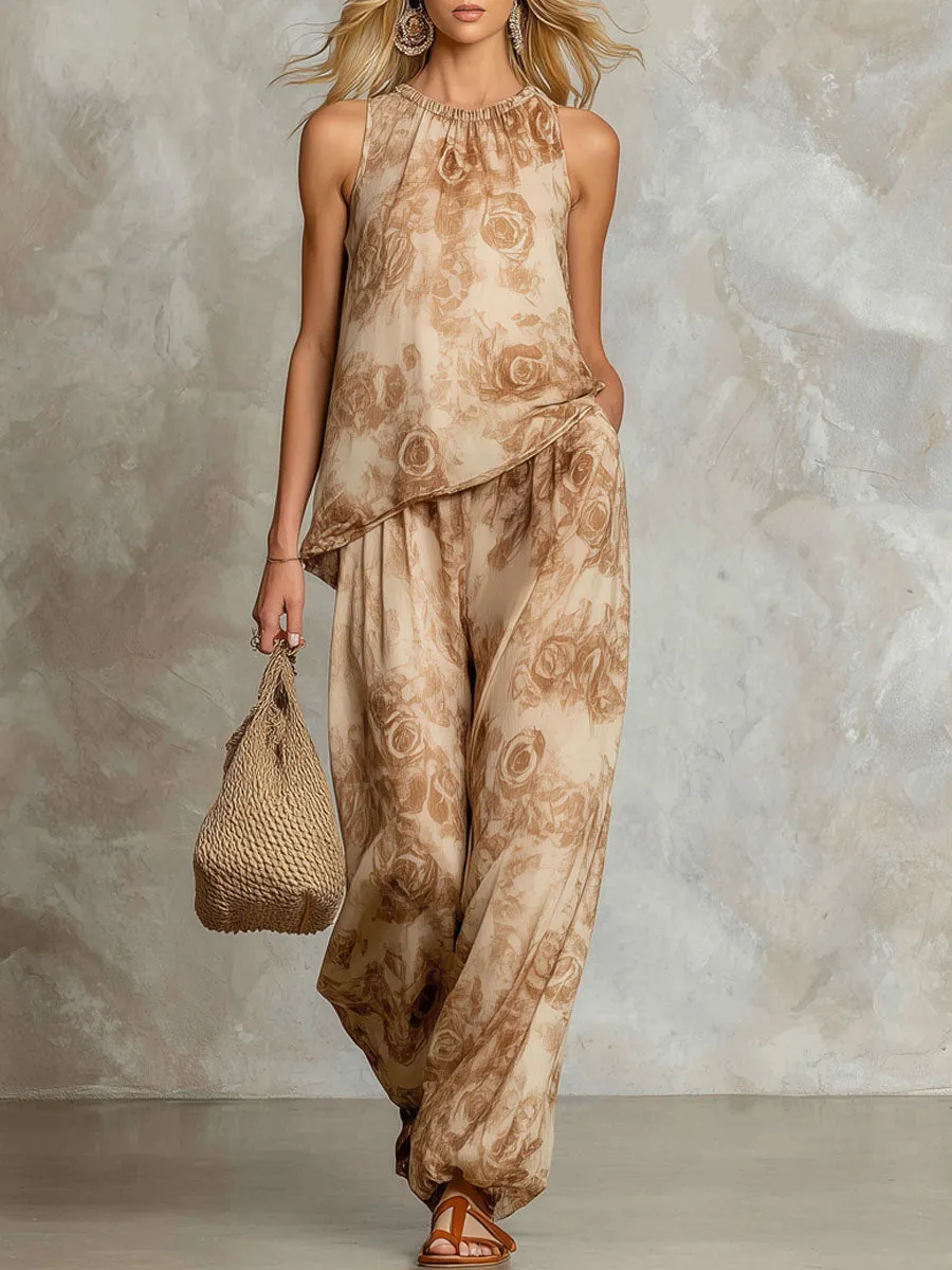 Retro Floral Print Round Neck Sleeveless Chiffon Top And Pants Set sold by Oyrosy