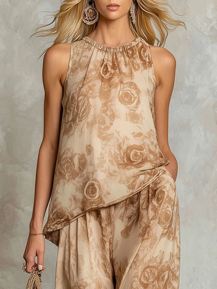 Retro Floral Print Round Neck Sleeveless Chiffon Top And Pants Set sold by Oyrosy product image thumbnail 4