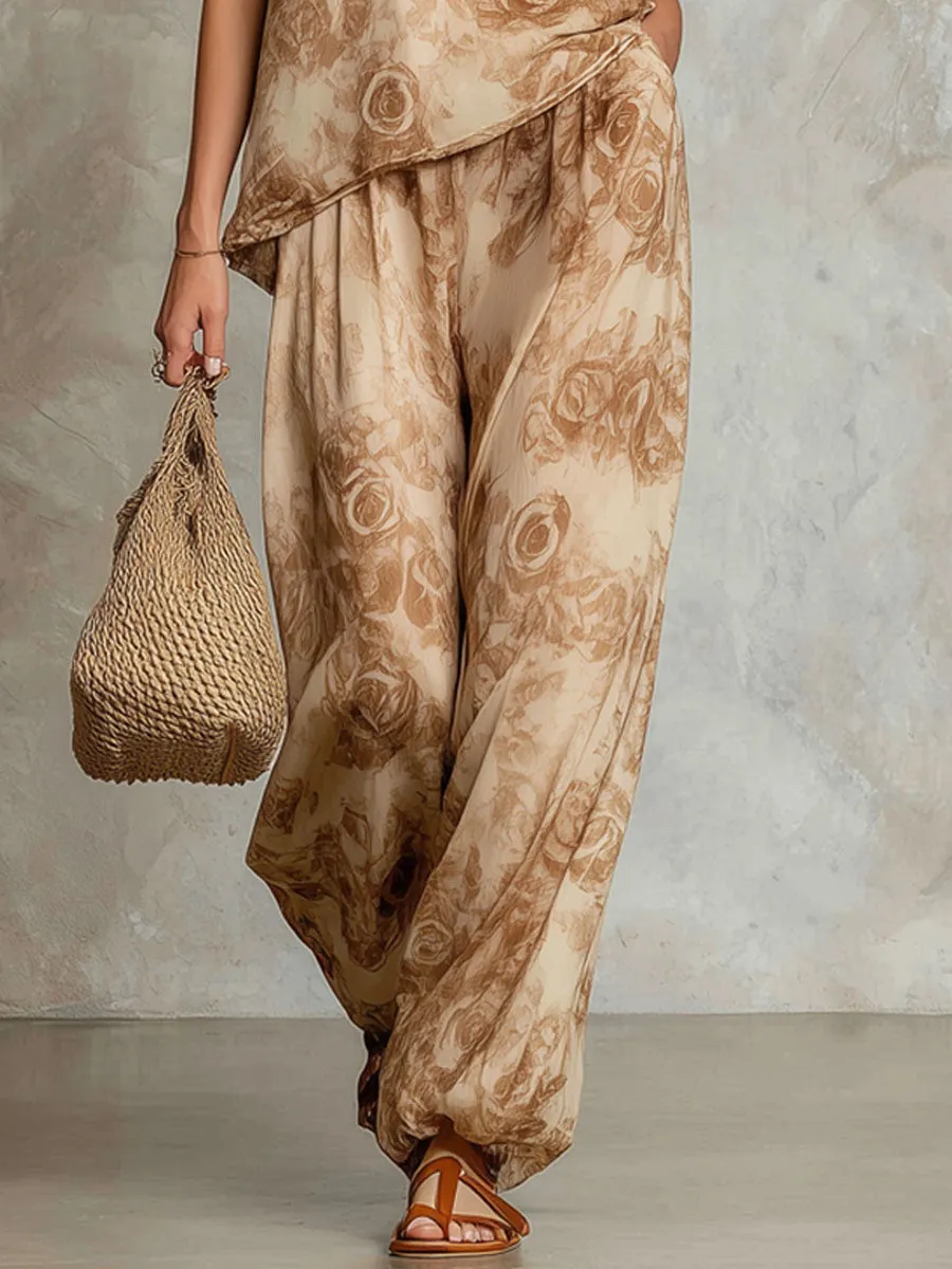 Retro Floral Print Round Neck Sleeveless Chiffon Top And Pants Set sold by Oyrosy product image thumbnail 5