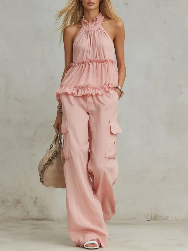Casual Retro Pink Ruffled Sleeveless Chiffon Top And Tencel Cotton-linen Wide-leg Pants Set made by Oyrosy