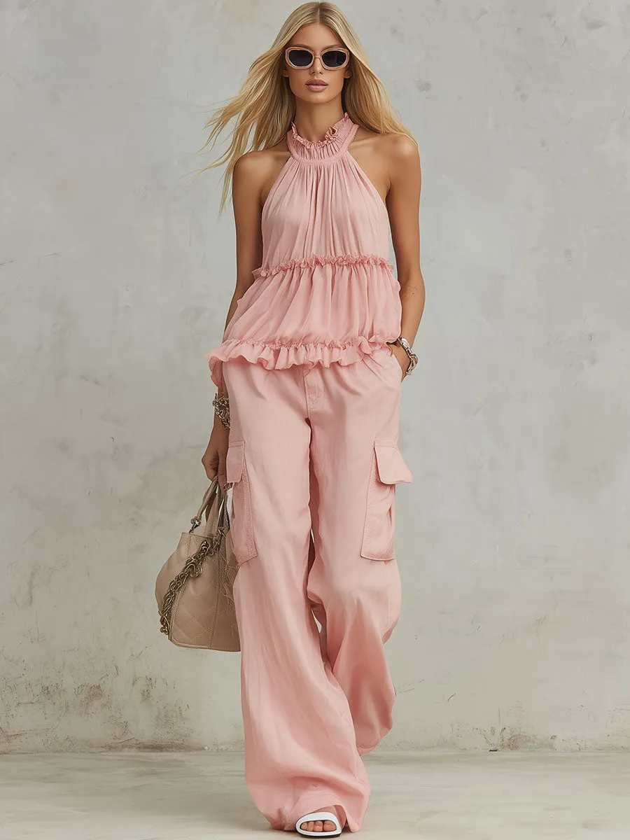 Casual Retro Pink Ruffled Sleeveless Chiffon Top And Tencel Cotton-linen Wide-leg Pants Set sold by Oyrosy product image thumbnail 2