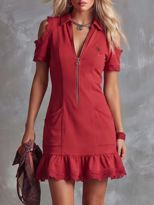 Elegant Retro Sporty Off-Shoulder Short-Sleeve V-Neck Red Cotton Mini Dress made by Oyrosy
