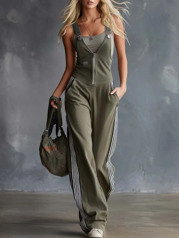 Retro Fashion Sports V-Neck Front-Zip Olive Green Cotton Overalls Jumpsuit made by Oyrosy