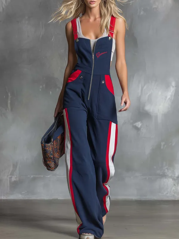 Retro Fahsion Sports Front Zipper Contrast Dark Blue Cotton Overalls Jumpsuit made by Oyrosy