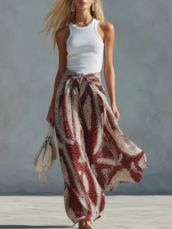 Elegant Retro White Knitted Vest And Red Printed Chiffon Midi Skirt Set made by Oyrosy