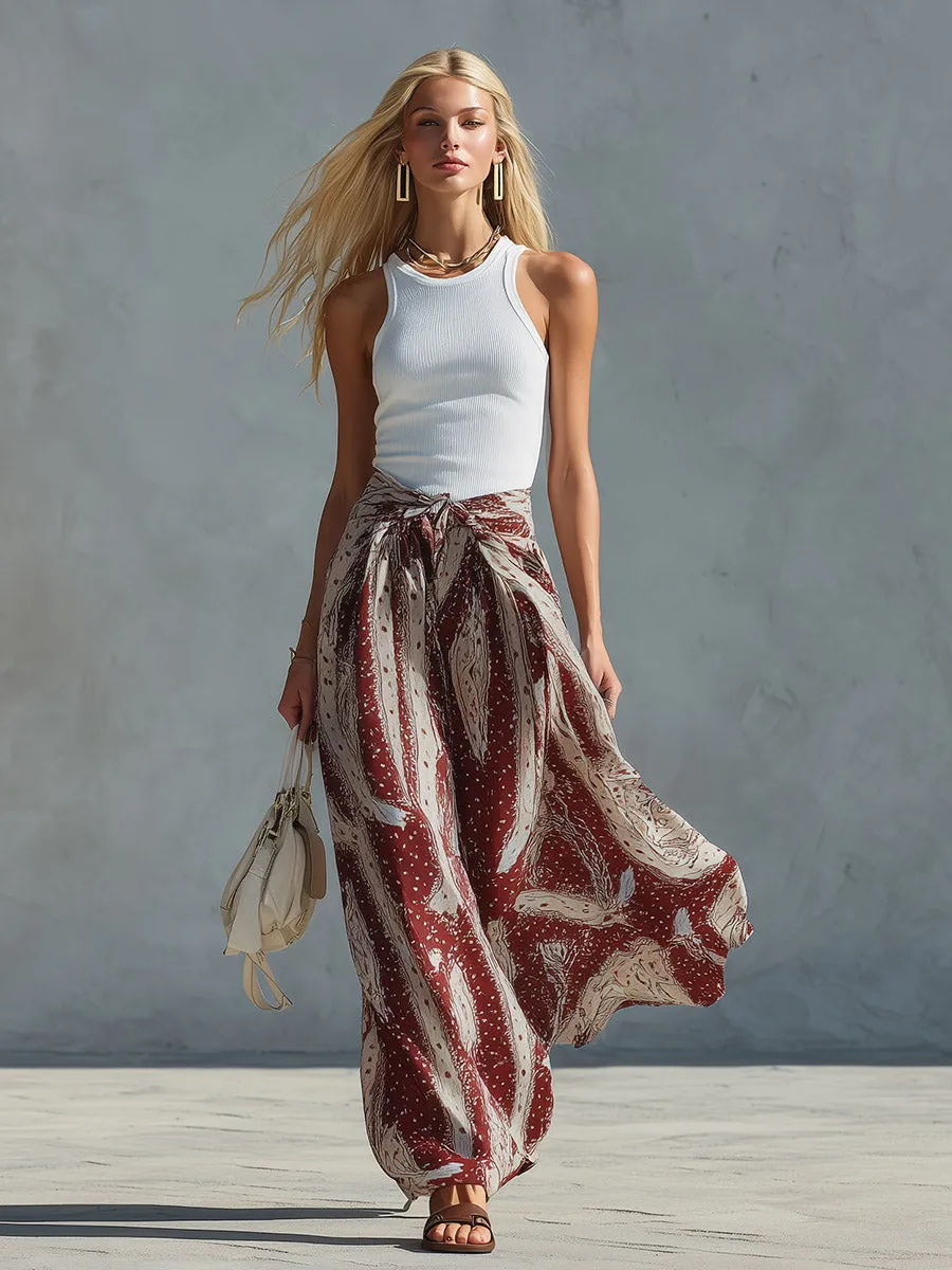 Elegant Retro White Knitted Vest And Red Printed Chiffon Midi Skirt Set sold by Oyrosy product image thumbnail 2