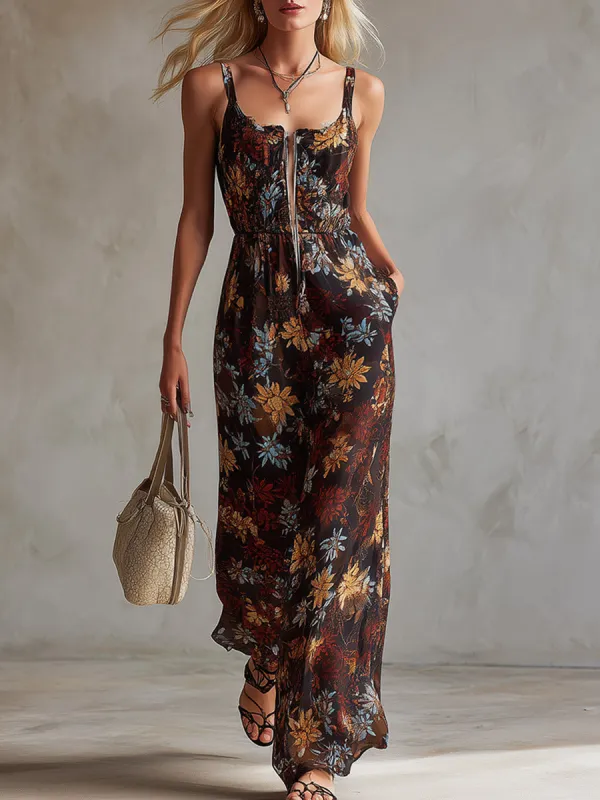 Retro Vacation Floral Print Black Chiffon Jumpsuit made by Oyrosy