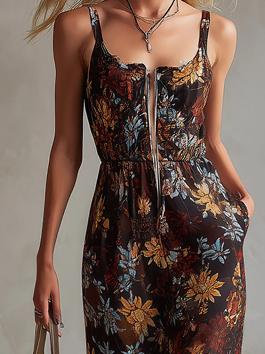 Retro Vacation Floral Print Black Chiffon Jumpsuit sold by Oyrosy product image thumbnail 3